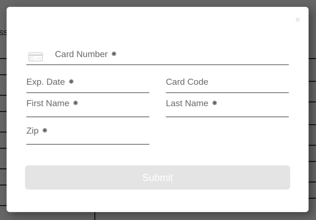 screenshot of the authorize.net payment card data pane on CannaMLS