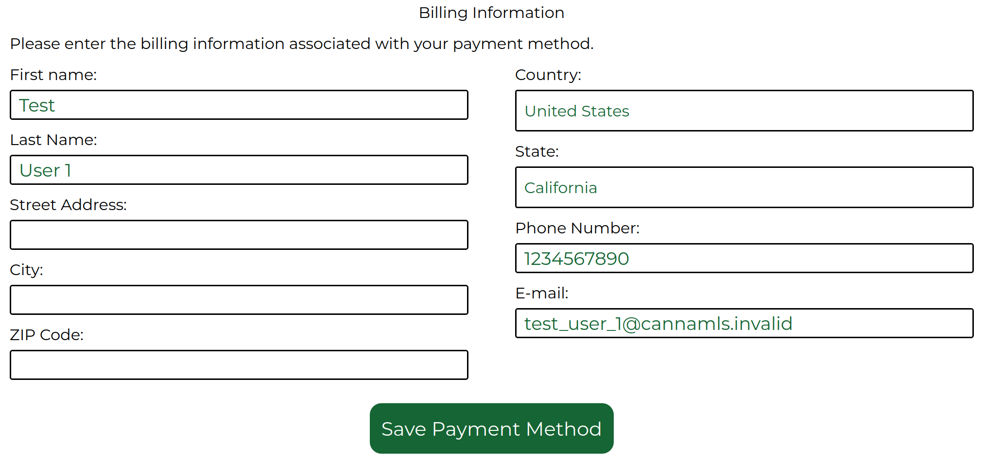 screenshot of the CannaMLS billing information form