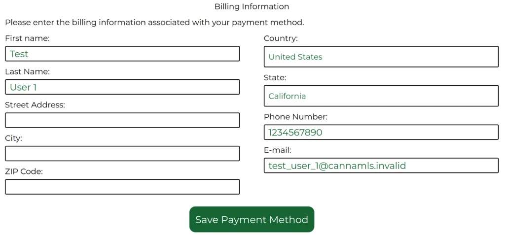 screenshot of the CannaMLS billing information pane