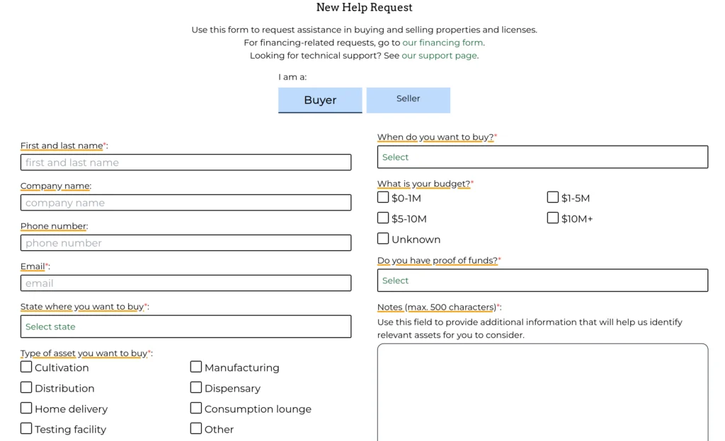 a screenshot of the CannaMLS Help Request form