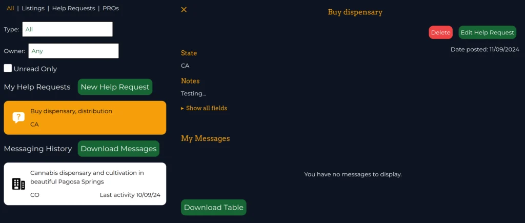 screenshot of the CannaMLS account page messaging tab, with a Help Request selected