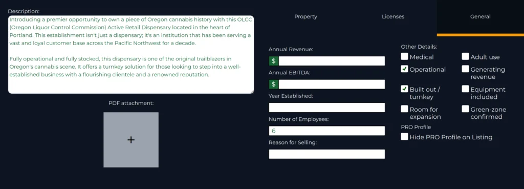 screenshot of the CannaMLS listing edit page, with the "Hide PRO Profile on Listing" checkbox visible in the General tab, in the bottom-right