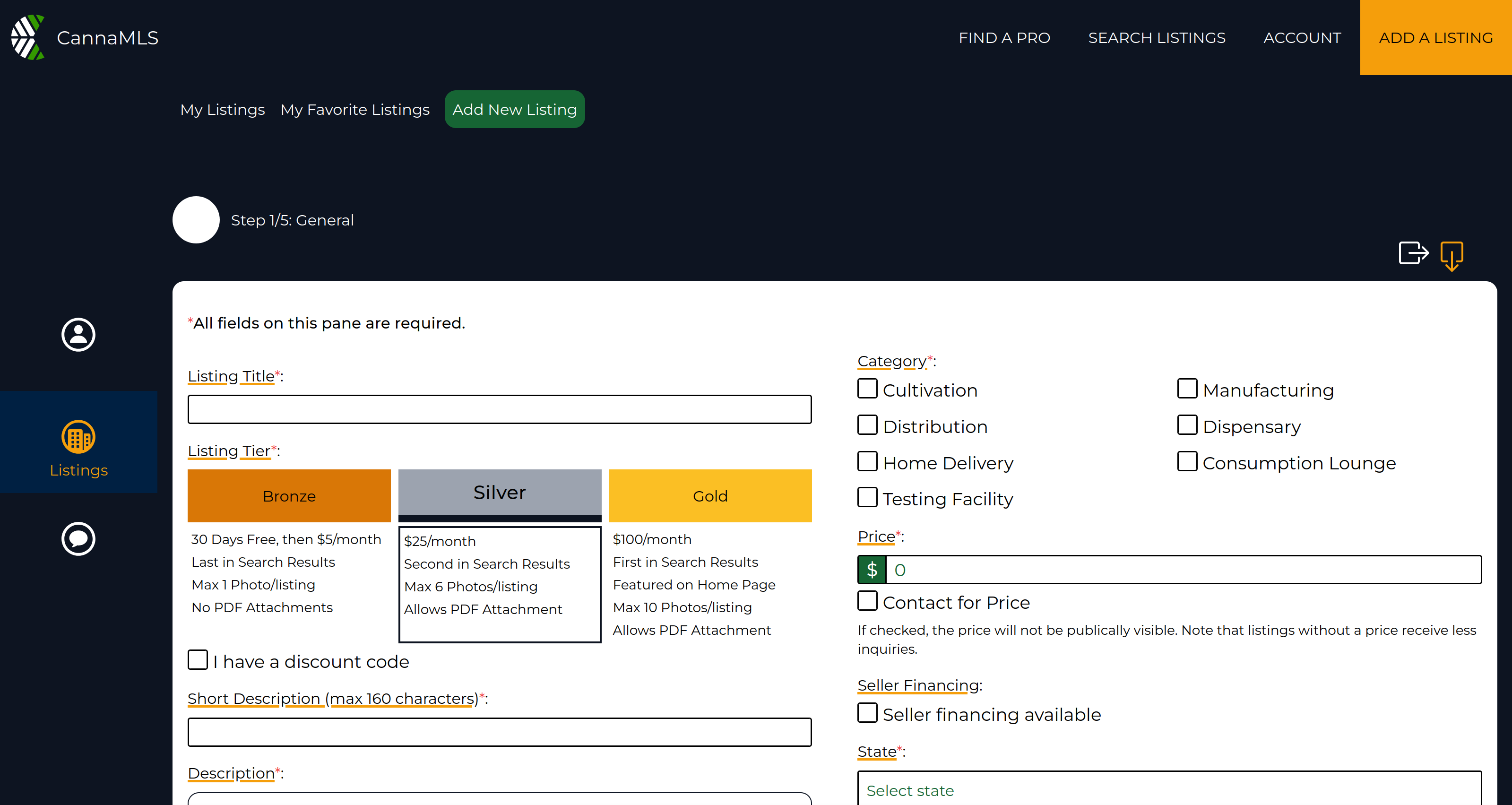 a screenshot of the CannaMLS New Listing Page