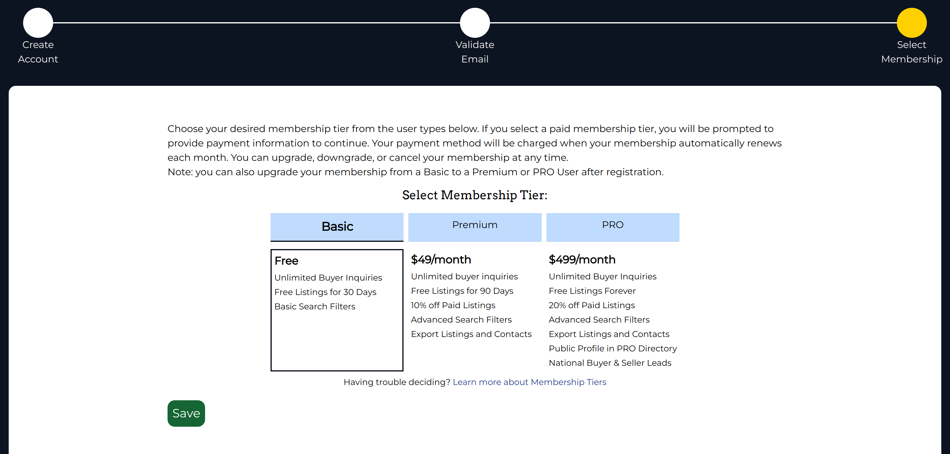 screenshot of the CannaMLS signup membership tier selection page