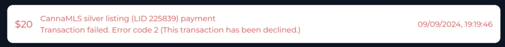 a screenshot of a payment error record in the payment history section