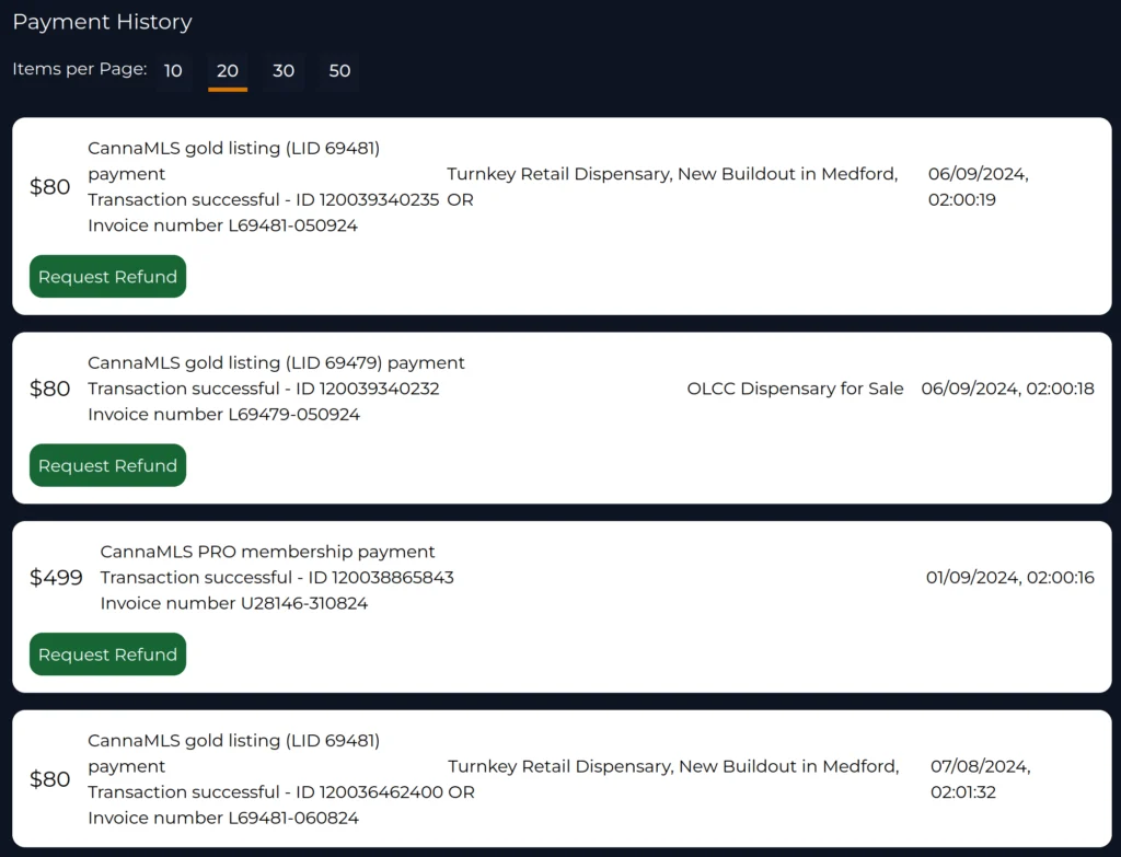 a screenshot of the CannaMLS payment history section on the Payment Settings page. The screenshot contains four example payments, and no errors.