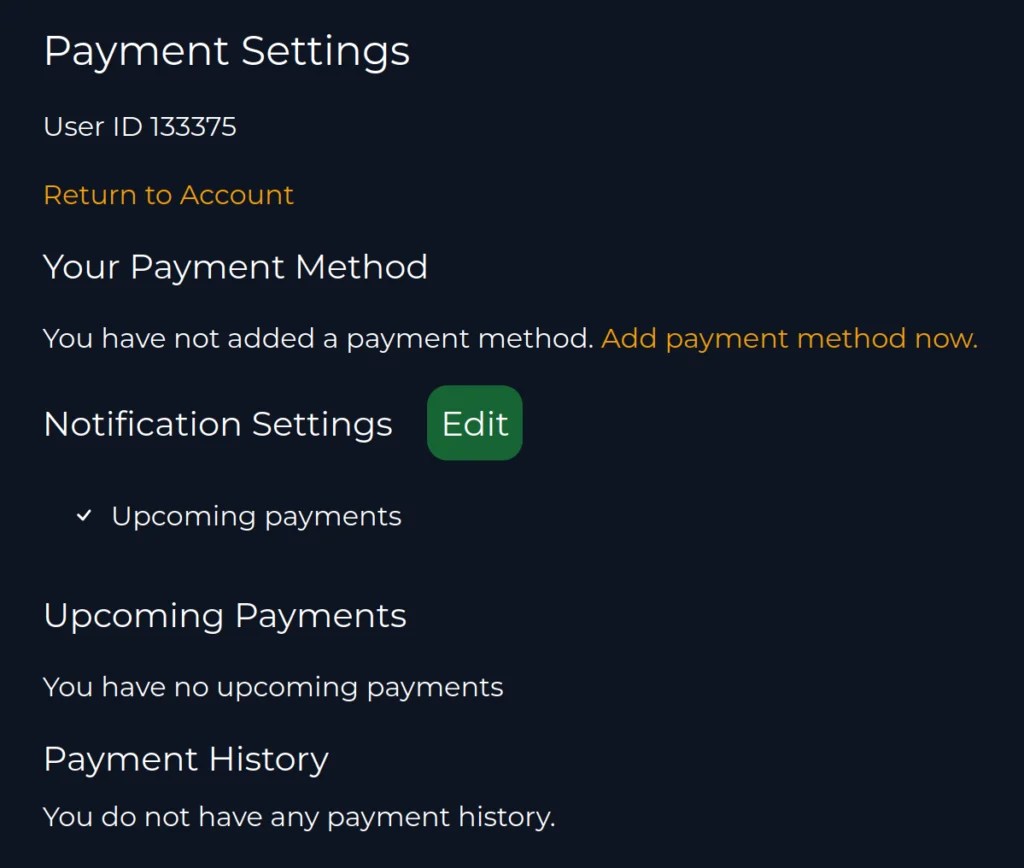 screenshot of the CannaMLS payment settings page, without a payment profile or any payment history