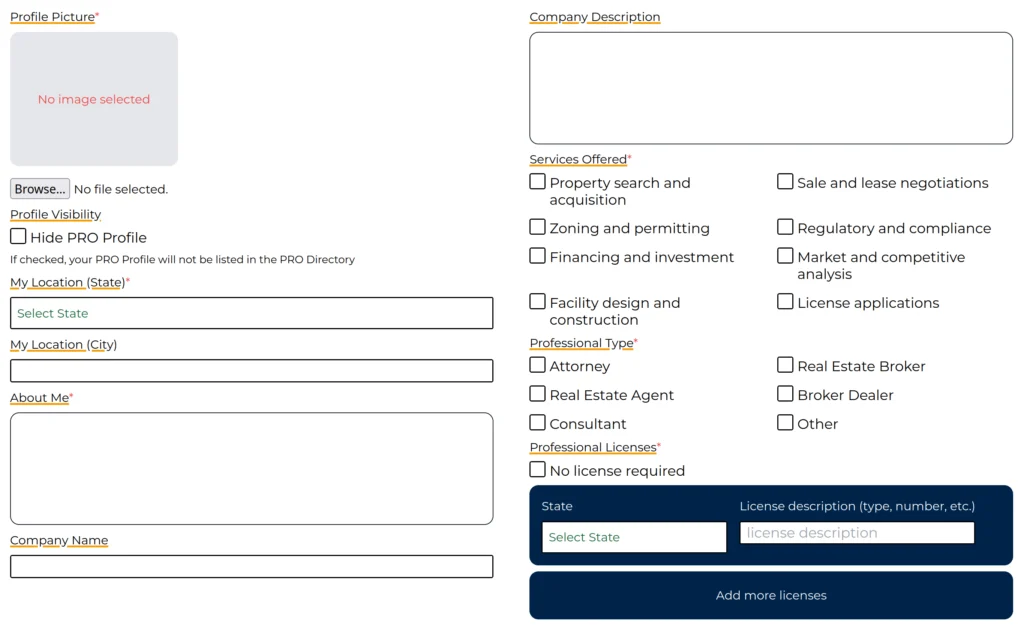 screenshot of the CannaMLS PRO form fields