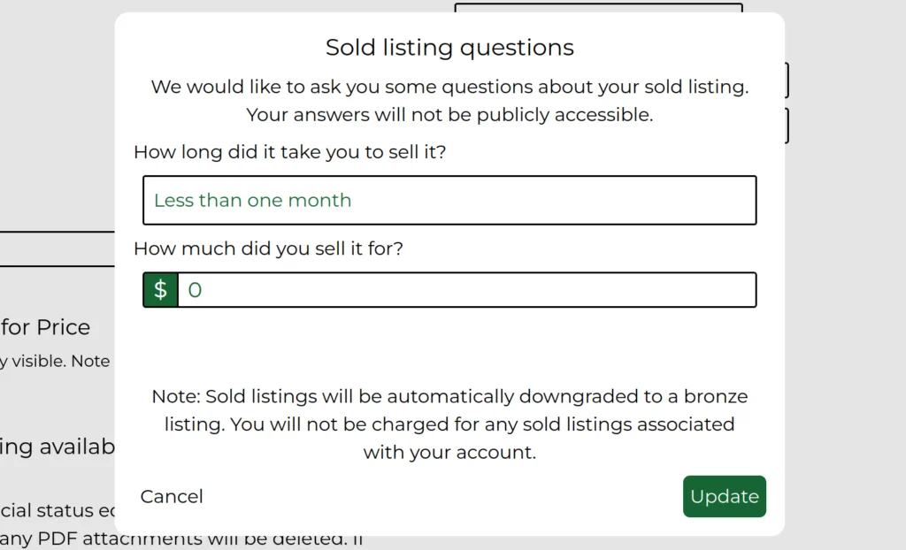 screenshot of the sold listing dialog box on the CannaMLS listing editor page