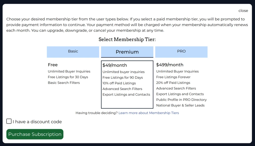 screenshot of the CannaMLS subscription tier selector