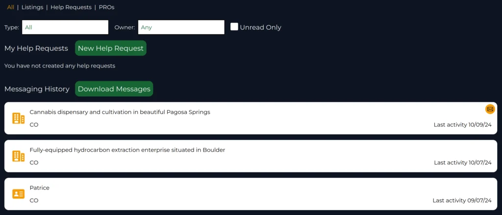 screenshot of the CannaMLS account page messaging tab, with the "New Help Request" button visible near the top