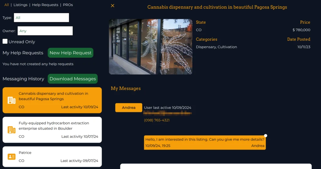 a screenshot of the CannaMLS messaging tab, with an expanded conversation